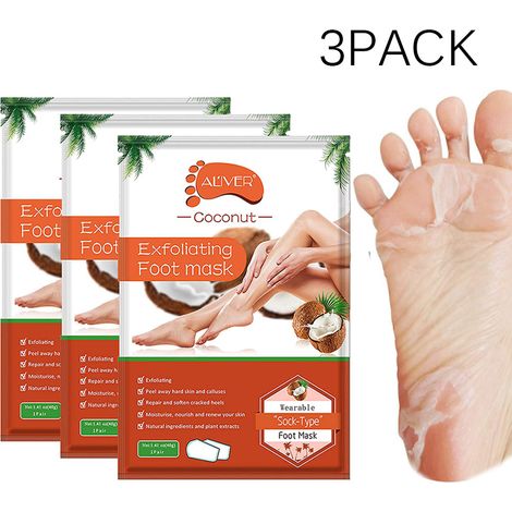 Lot de 3 masques exfoliants pour les pieds, à la noix de coco, exfoliant naturel pour peaux sèches et mortes, callosités et talons rugueux. Convient aux hommes et aux femmes. (1/5)