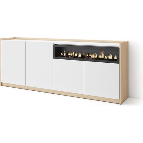 Skraut Home - Aparadores para salón, 207x37x80cm, 4 Puertas, Chimenea eléctrica, Blanco y roble soft (1/5)