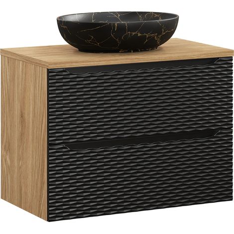 Waschtisch 80cm in Eiche mit schwarz, OLUO-56-BLACK, Front mit 3D-Struktur in Wellenoptik (1/5)