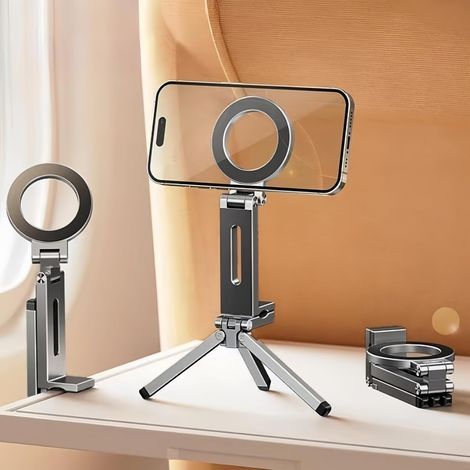 Support de téléphone portable pliable en alliage d'aluminium avec trépied intégré, mini support magnétique pour voiture, bureau, voyage, streaming en direct, gris (1/5)