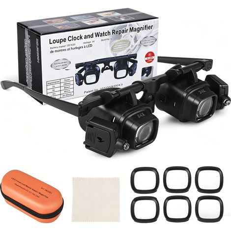 Loupe frontale avec éclairage, équipée de 2 lampes LED, verres : grossissements de 2x, 6x, 10x et 24x, idéale pour la lecture, les bijoutiers, la pêche, les horlogers et les personnes âgées (1/5)