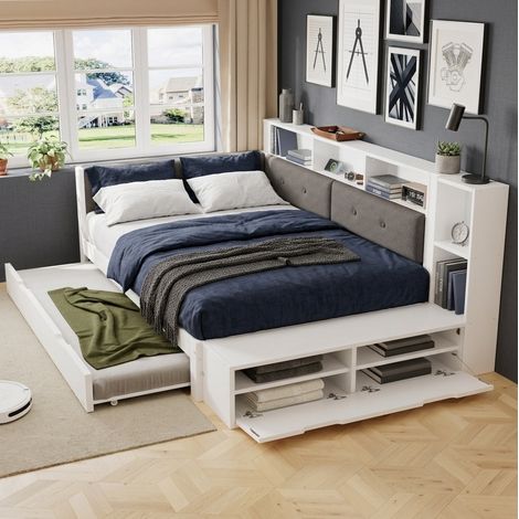 Holzbett 120x200 cm Weiß und Grau aus Holz und Stoff mit Ausziehbett, Stauraum und Ladefunktion (1/5)