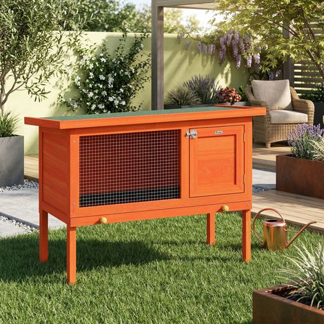 Clapier Lapin Extérieur en Bois, Toit Ouvrable en Asphalt et Plateau Coulissant, Design Surélevé, 90x45x65cm, Orange (1/5)