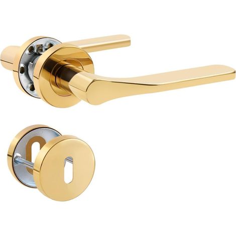 1 Paire - Poignée de porte - Acier inoxydable - Forme L - Doré mat - Pour porte intérieure et entrée - Rosace ronde - 8x8cm