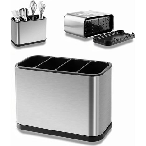 Porte Ustensile Cuisine Inox 18x13x8,6cm, Égouttoir à Couverts avec 4 Compartiments, Récipient à Ustensiles avec Base Anti-Glissement, Organisateur pour Cuillère, Fourchette, Couteau (1/5)