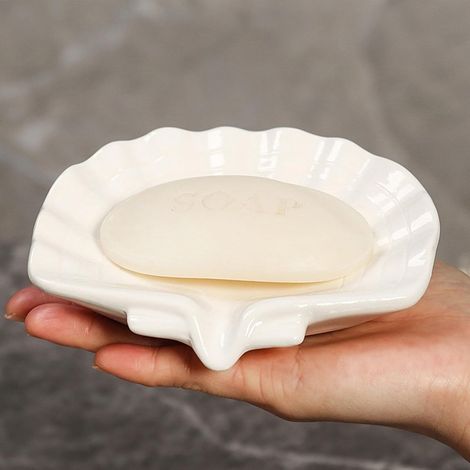 Porta sapone in ceramica - Vassoio porta sapone a forma di conchiglia con sistema di drenaggio automatico - Porta sapone - Scatola porta sapone - Piccolo porta sapone - 1 pezzo bianco (1/5)