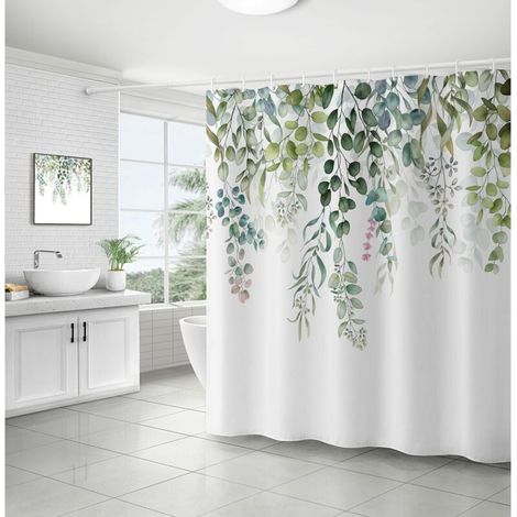 Rideau Douche Feuilles Vert, Rideau de Douche Eucalyptus Rideau Salle de Bain Anti Moisissure Imperméable Tissu Polyester Lavable Opaque Rideaux Douche avec Crochets pour Baignoire 180x180cm (1/4)