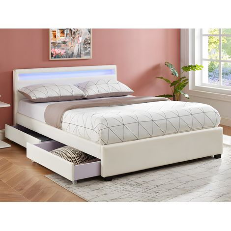 Lit 140 x 190 cm avec rangements - Simili blanc avec LEDs - ALOIS II (1/4)