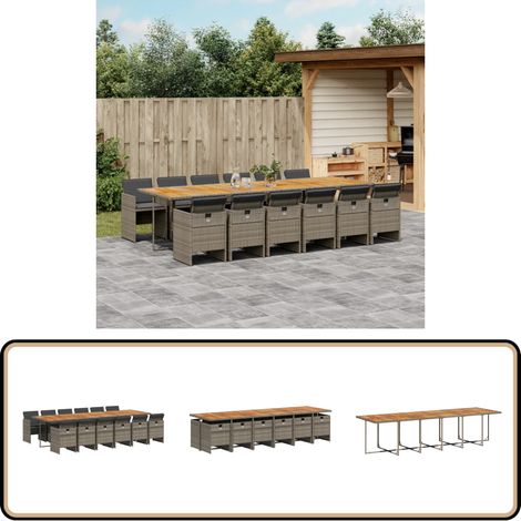 13-tlg. Garten-Essgruppe mit Kissen Grau Poly Rattan - Gartentisch - Gartenmöbel Set - Esstisch - Gartenstühle - Outdoor Möbel