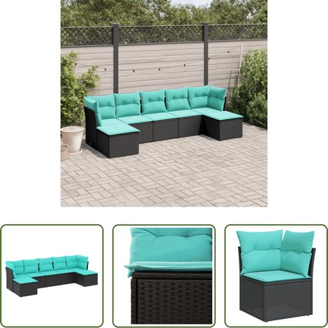 Gartenmöbel - 7-teiliges Gartensofa-Set mit Kissen, schwarzes Polyrattan (1/5)