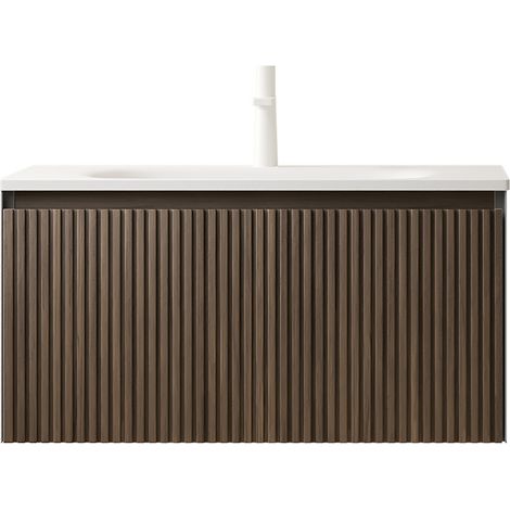 Lavabo mural 80cm pour salle de bain, vasque rectangulaire blanche en pierre artificielle, meuble sous-vasque en contreplaqué rayé avec tiroir, préassemblé, finition chêne brun. (1/5)