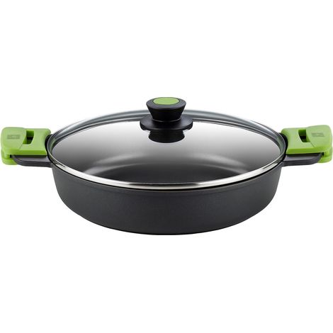 BRA, Casseruola Bassa Prior con Coperchio in Vetro e Manici in Silicone, 28 Cm, Nero (1/4)