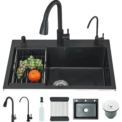 Grifo de cocina con cabezal rociador extraíble y doble función de agua, color negro. (1/2)