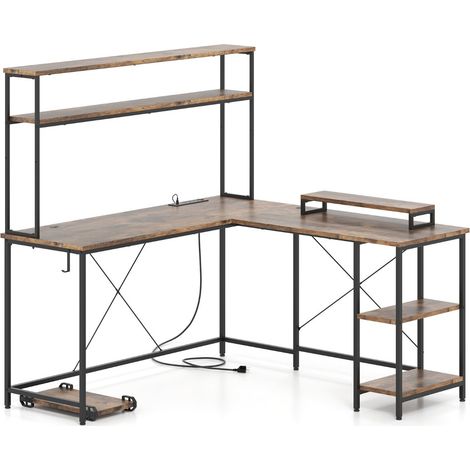 Bureau d'ordinateur en L 145 x 145 x 147 cm avec bande LED et prises de courant design scandinave en bois MDF marron