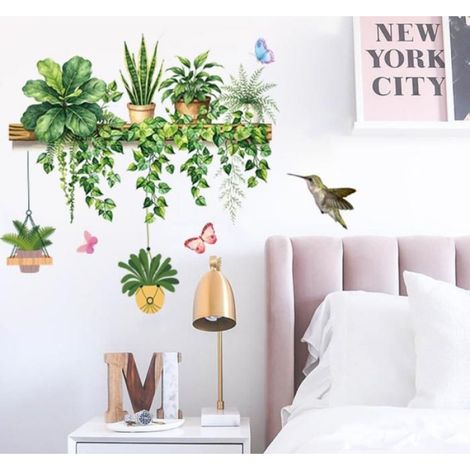 Stickers Muraux Feuille Vertes Plante en Pot Autocollants Muraux Mural Stickers Art Botanique Papillons pour Chambre Salon Bureau (1/4)