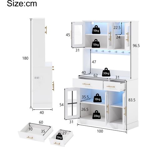 Buffet de cuisine avec bandeau LED et prise électrique, 6 portes et 2 tiroirs, étagères réglables pour rangement modulable, style champêtre, poignées métal doré, blanc, 180 x 100 cm (1/5)