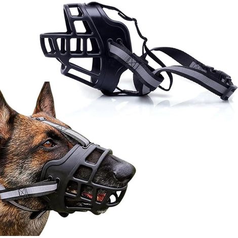 Muselière chien réglable en plastique (L, noir réfléchissant), panier de sécurité en caoutchouc souple, sangle respirante ajustable, pour petit, moyen et grand chien, permet boire et manger, anti-mors (1/5)