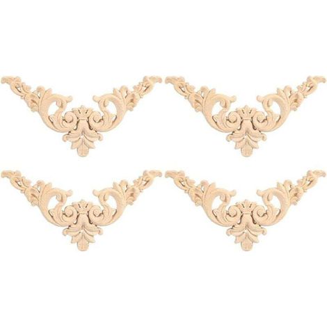 4-teiliges Set unbemalter, geschnitzter Holzapplikationen im Vintage-Stil im europäischen Stil für Wohnaccessoires, Schränke, Möbel, Fenster, Spiegel, Türdekoration (12 x 12 cm) - Crezuo
