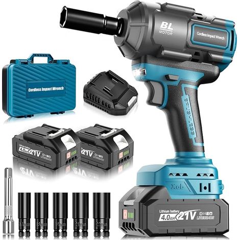 1200Nm Brushless Cordless Impact Wrench Compatible with 18V Batteries, 1/2 Inch Impact Nutrunner with 2 x 4.0Ah Battery, Impact Wrench with 5 Sockets for Car Home (1/5)