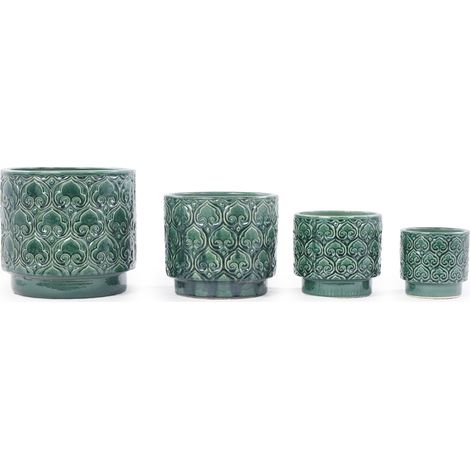 Set de 4 macetas de cerámica verde brillante Ø38/31,5/24/19 cm con relieve de corazones (1/5)