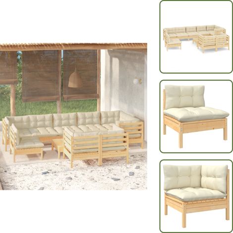 10-tlg. Garten-Lounge-Set mit Creme Kissen Massivholz Kiefer - Gartensaison - Lounge Set - Gartenmöbel - Outdoor Möbel - Kiefernholzmöbel