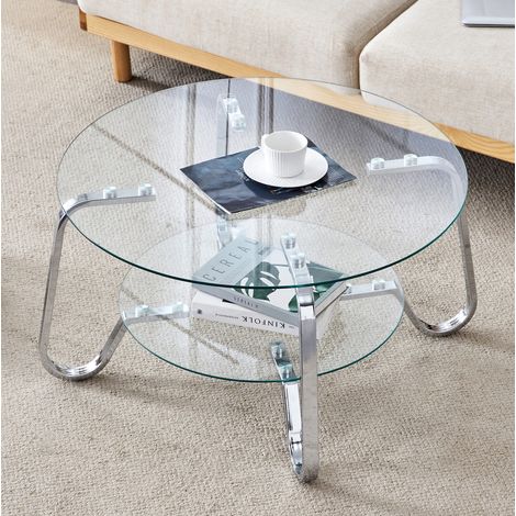 Runder Couchtisch 80 cm mit zwei Ebenen aus gehärtetem Glas, silbernes Metallgestell HAVRYA (1/5)