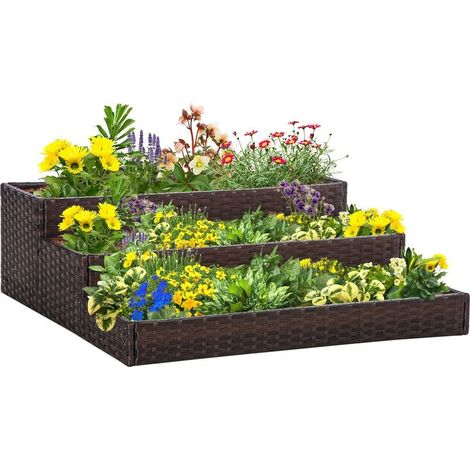 Jardiniere surelevee to 3 levels in rattan synthetic without bottom, for plants and vegetables, 120 x 120 x 40 cm, gray (1/5)