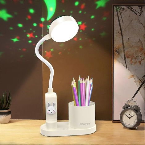 Lampe de table avec projecteur d'étoiles, lampe de bureau pour enfants avec porte-stylo, lampe de chevet à col de cygne, lampe de table rechargeable lapin mignon (blanche) (1/5)