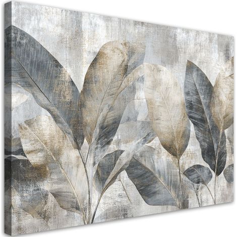 Quadro su tela, Composizione astratta di foglie esotiche nelle tonalità del grigio. - 60x40 (1/2)