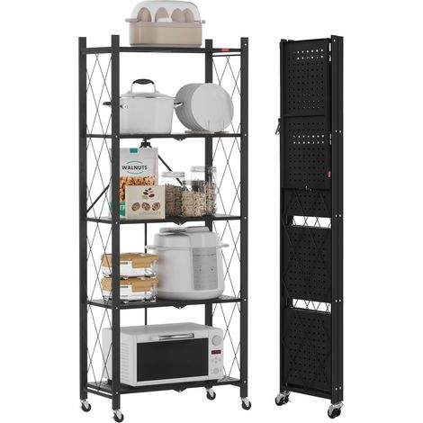 DEANIC Klappregal, 5 Regal Bücherregal, Küchenregale mit Rollen, Metallregal zur Aufbewahrung für Wohnzimmer, Speisekammer (61 x 147 x 28 cm, Schwarz) (1/5)