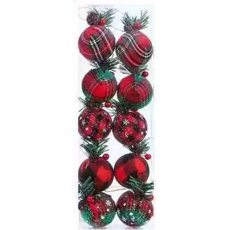 Juego de 10 adornos navideños a cuadros, de 5 cm de diámetro, hechos de tela a cuadros negros y rojos, con piñas y follaje. (1/4)