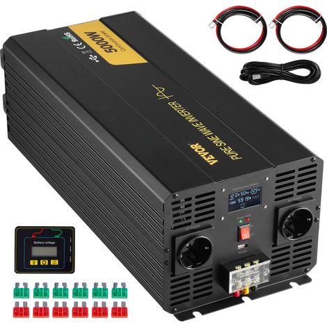 Vevor – Onduleur à onde sinusoïdale pure 5000 W – 12 V DC vers 230 V AC – 4 prises EU – Écran LCD et télécommande – Protection complète