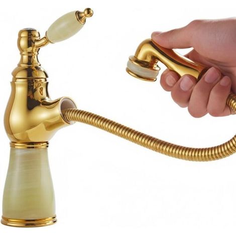 Grifo monomando de lavabo con rociador extraíble y una sola manija – acabado en verde esmeralda y oro envejecido, para montaje sobre encimera.