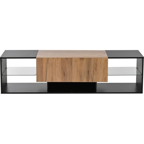 Mobile TV moderno 160 cm nero e legno con LED, 2 cassetti e ripiani in vetro (1/5)
