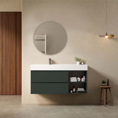 Mobile bagno sospeso 120 cm Verde Comodoro Lavabo a Sinistra in Resina Specchio Tondo - Fiji Paint Plus (1/4)