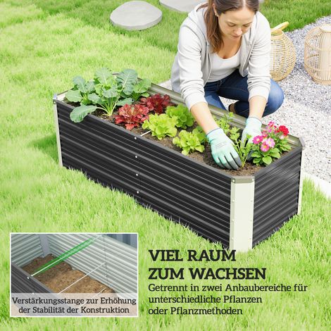 Jardinière surélevée en acier, bac à plantes, pot de culture avec gants, gris anthracite, 125 x 47 x 44 cm (1/4)