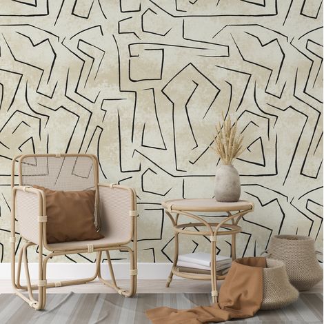 Carta da Parati Beige Graffiti con Strisce Nere Astratta in Fogli di Carta, 250x200cm (1/5)