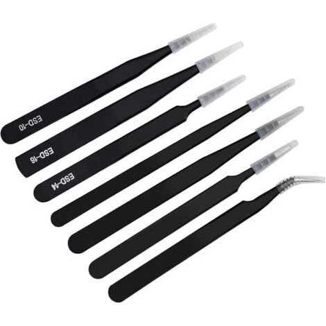 7pcs Pince Brucelles Antistatique Pincettes ESD de Précision Pince de Precisio Acier inoxydable pour Laboratoire de Beauté de Bijoux Artisanaux Electroniques (Noir) (1/5)