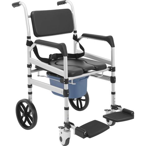 Chaise de toilette pliable en aluminium avec roulettes, max 150 kg, fauteuils roulants de salle de bain réglables en hauteur de 46 à 51 cm, fauteuil roulant de douche pour personnes âgées et personnes (1/5)