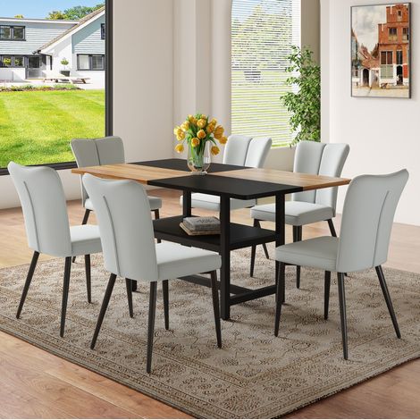 Ensemble table à manger rectangulaire 160 cm avec rangement, 6 chaises gris clair PU et pieds noirs (1/5)