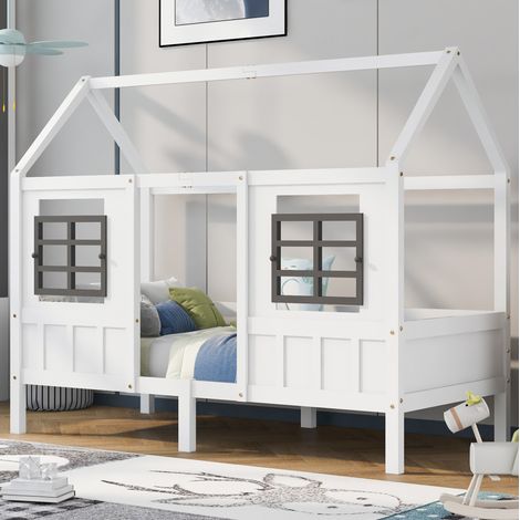Cama casita infantil 90x200 cm con 2 ventanas, de madera maciza y MDF, blanca, con barreras de seguridad (1/5)