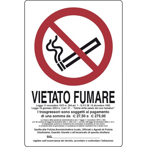 TARGA SEGNALETICA VIETATO FUMARE L.311/1 30X20- 10,0 pz