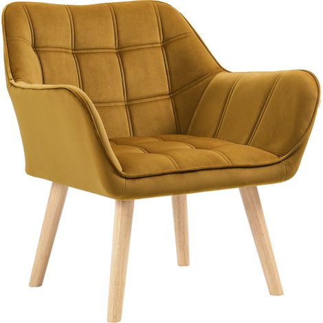 Fauteuil rembourré, fauteuil de appoint, design scandinave, aspect velours, jusqu à 120 kg, pieds en hévéa, jaune (1/5)