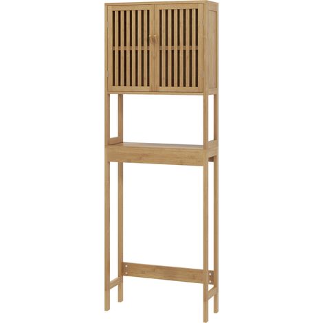 Étagère de toilettes meuble de salle de bain dessus toilette WC avec placard 2 portes et étagère ouverte bambou (1/5)
