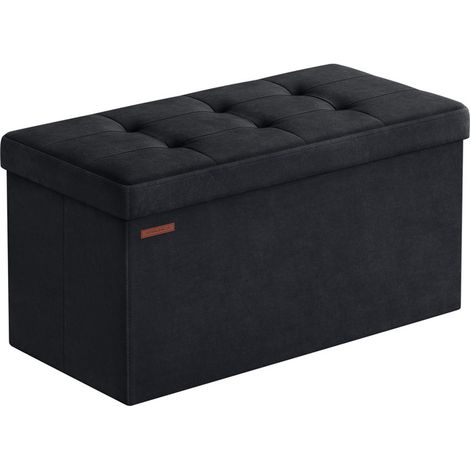 SONGMICS Banc de Rangement, Pouf en Velours, avec Couvercle, avec 2 Boîtes, 38 x 76 x 38 cm, Capacité de Charge 300 kg, pour Couloir, Salon, Chambre, Noir d'encre (1/5)