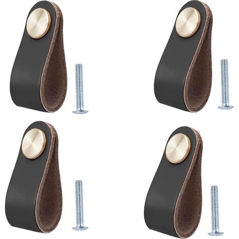 Lot de 4 Poignée Meuble Cuir, Bouton de Portes Placard Poignee Cuir Bouton de Tiroir, Poignee de Meuble Vintage pour Armoires, Commode, Cuisine, Salle de Bain (1/5)