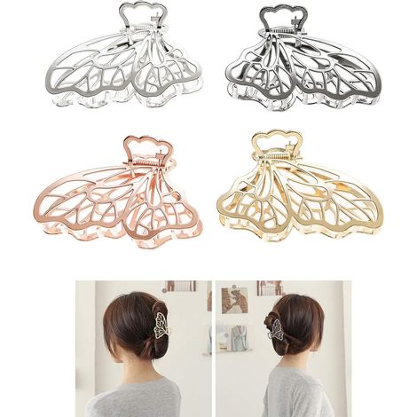 Pinces à cheveux papillon en métal, grande pince à cheveux argentée pour femmes, pinces à cheveux antidérapantes en or rose, accessoires de coiffure, cheveux épais, griffes fines, 4 pièces (or rose + (1/5)