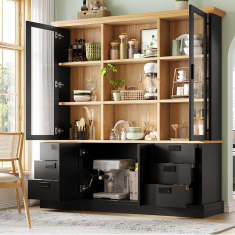 Mobile cucina alto 140 x 40 x 185 cm con 6 cassetti, ante vetrate, nero HAVRYA (1/5)