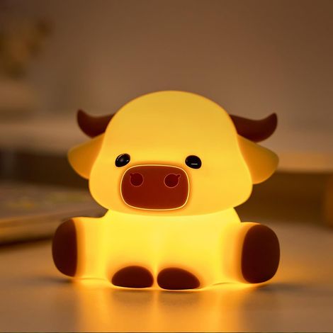 Nachtlicht in Form eines Hochlandrindes, berührungsempfindliches LED-Nachtlicht aus Silikon mit Timer, 7 Farben, 3 Helligkeitsstufen, Tier-Nachttischlampe