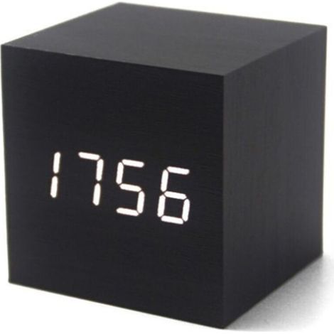 Réveil numérique LED, horloge cube en bois, horloge de bureau en bois, réveil en bois, horloge numérique cube à commande vocale pour chambre (noir) (1/4)